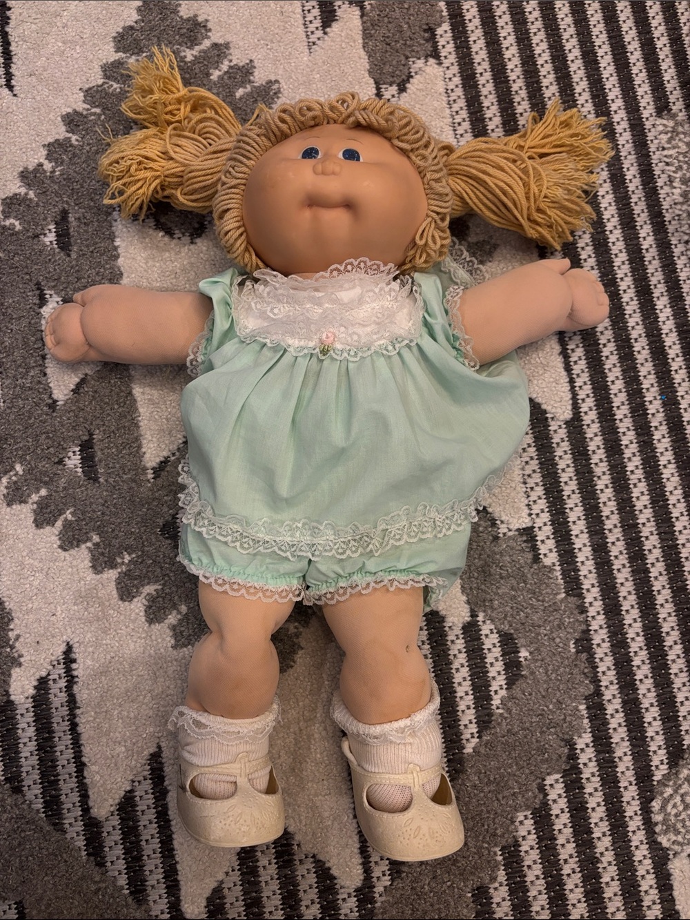 VIntage 1982 Cabbage Patch Doll in Mint Green Dress with Blonde Yarn Hair